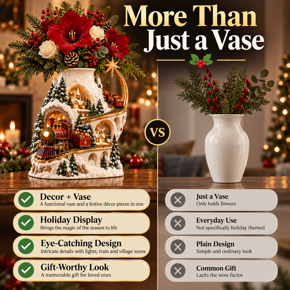 🎄 Christmas Village Train Vase ✨ Lighted Holiday Centerpiece & Floral Decor