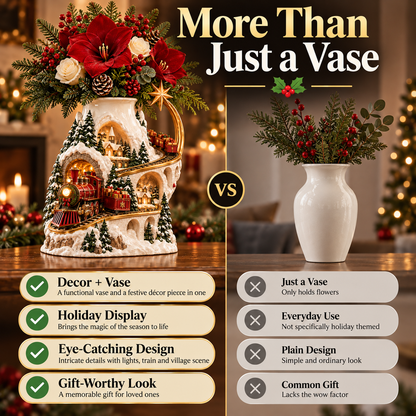 🎄 Christmas Village Train Vase ✨ Lighted Holiday Centerpiece & Floral Decor