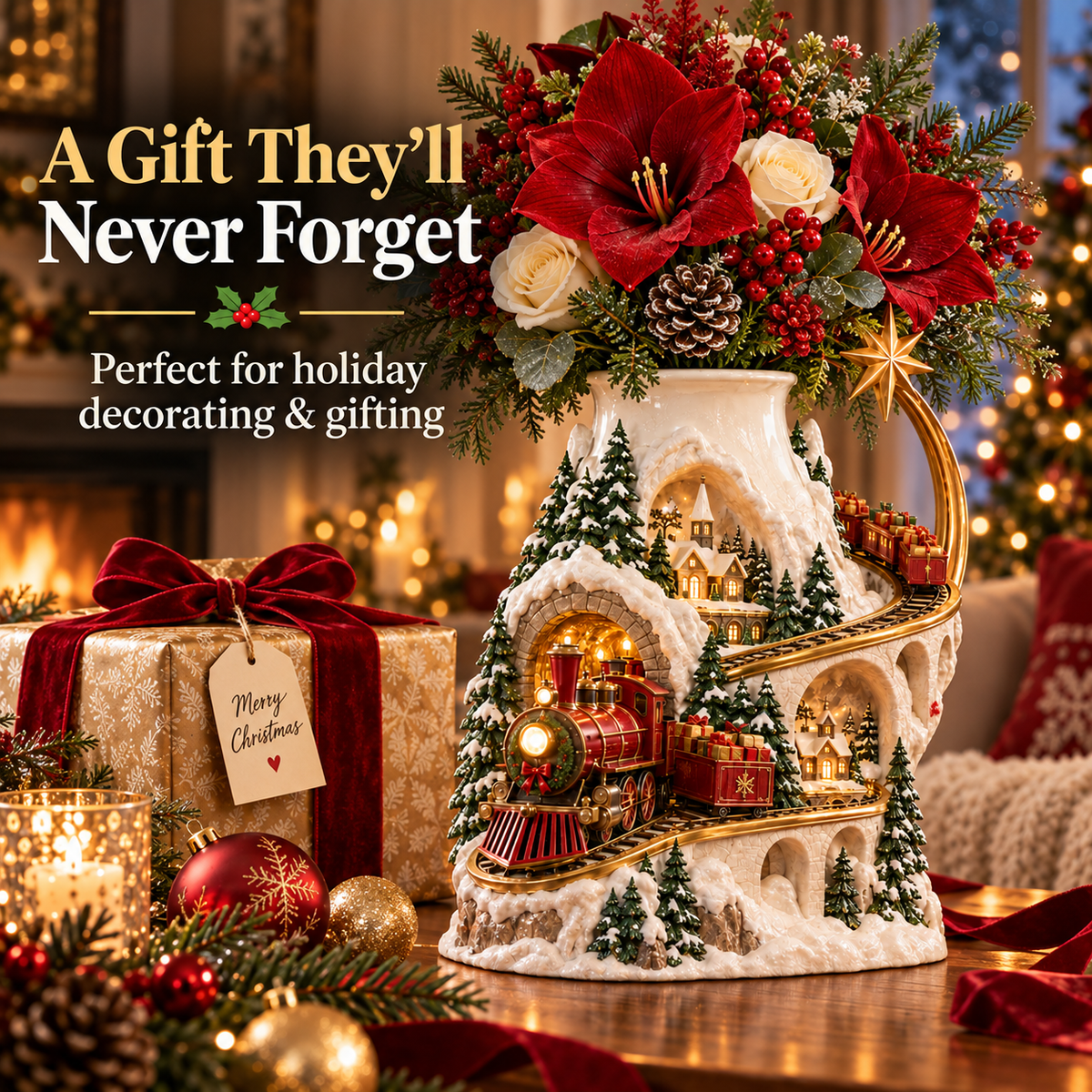 🎄 Christmas Village Train Vase ✨ Lighted Holiday Centerpiece & Floral Decor