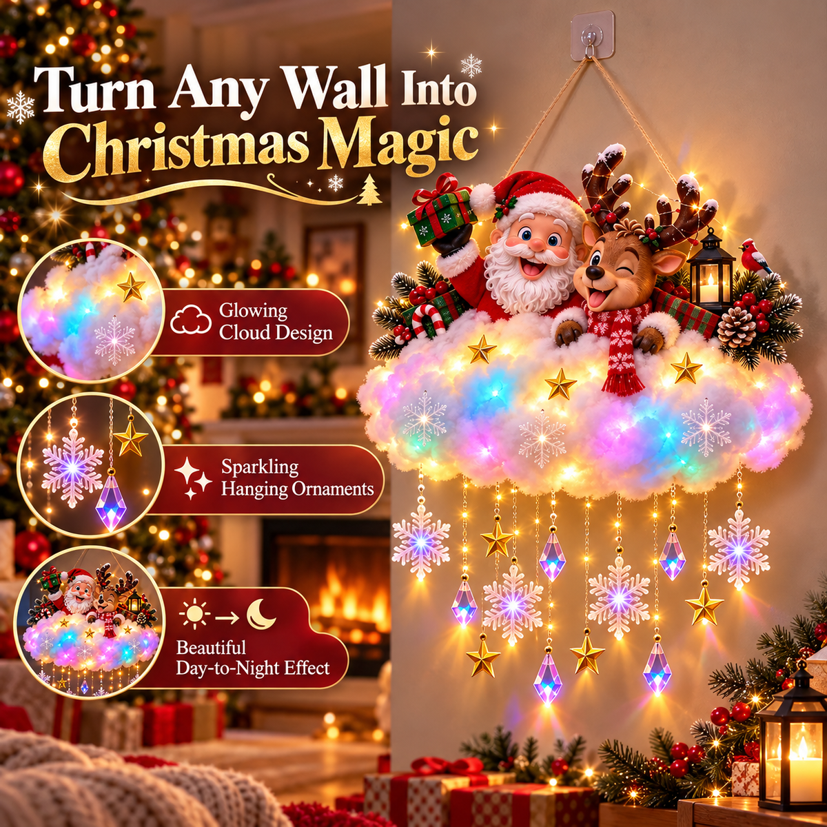 50% OFF🎄 Light-Up Christmas Cloud Hanging Decor – Santa & Winter Village Holiday Display
