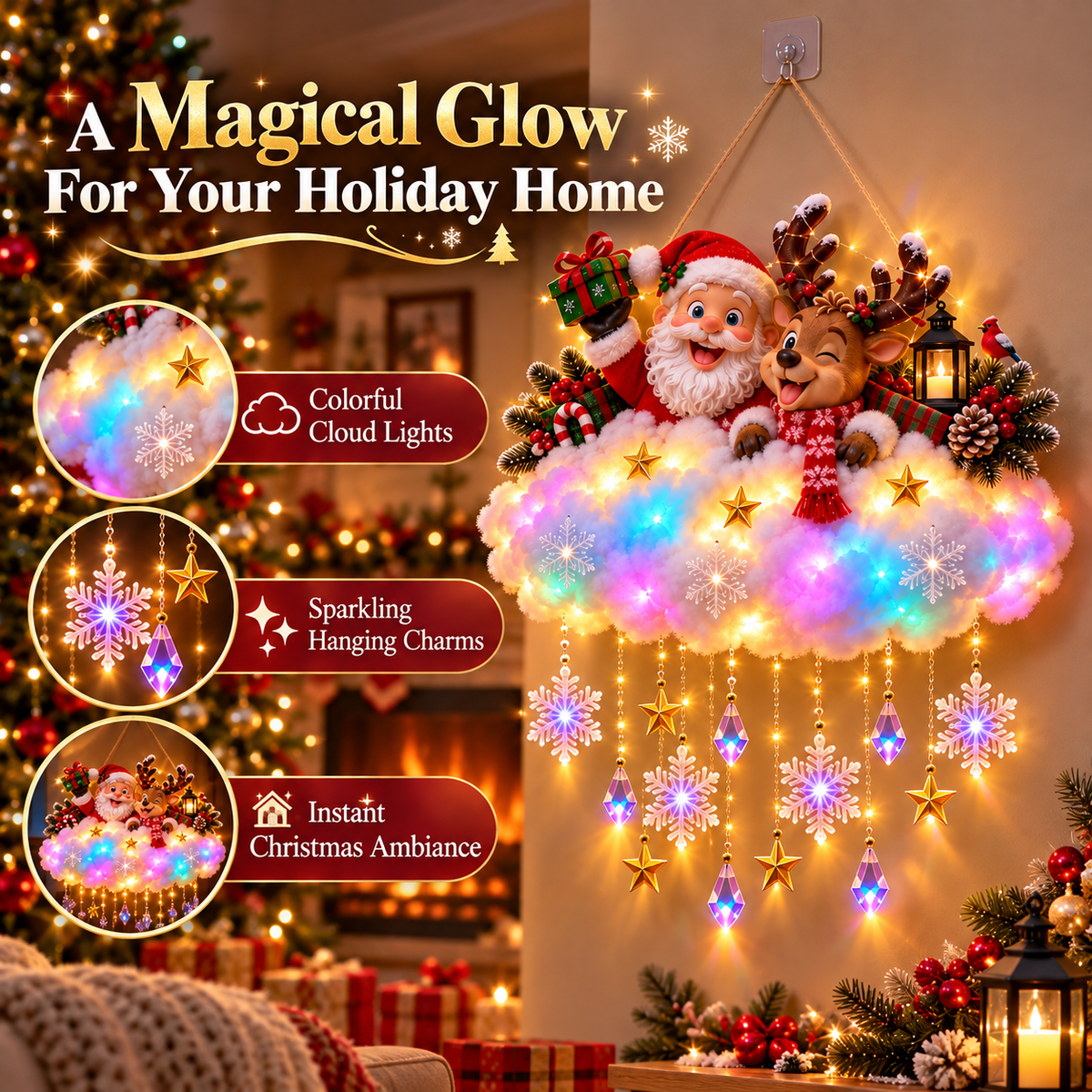 50% OFF🎄 Light-Up Christmas Cloud Hanging Decor – Santa & Winter Village Holiday Display