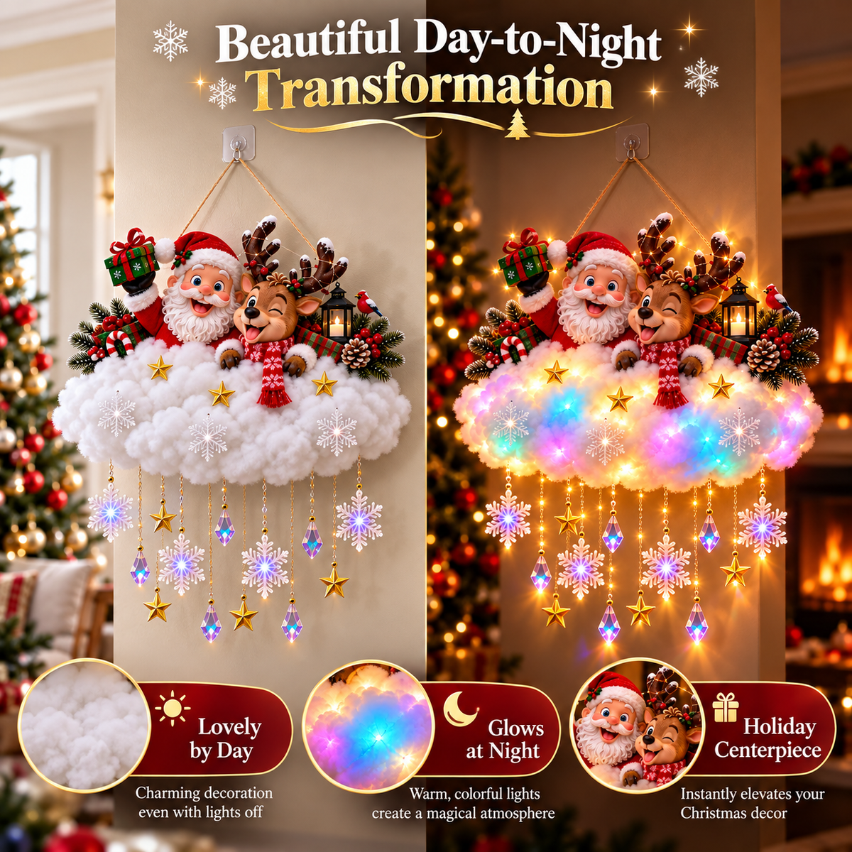 50% OFF🎄 Light-Up Christmas Cloud Hanging Decor – Santa & Winter Village Holiday Display