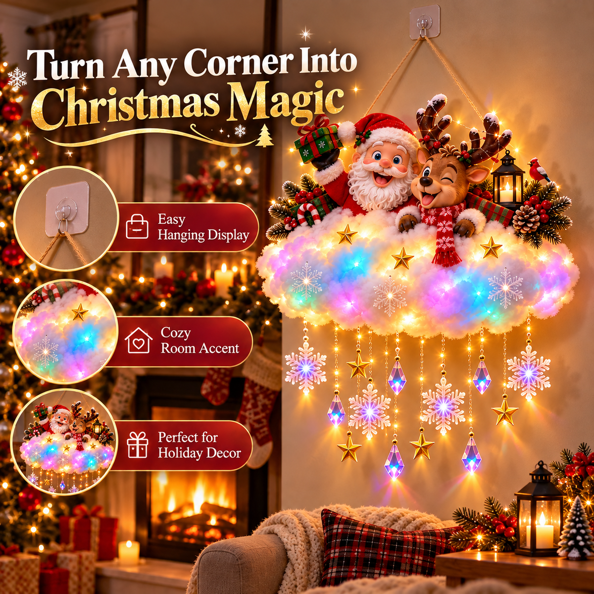 50% OFF🎄 Light-Up Christmas Cloud Hanging Decor – Santa & Winter Village Holiday Display