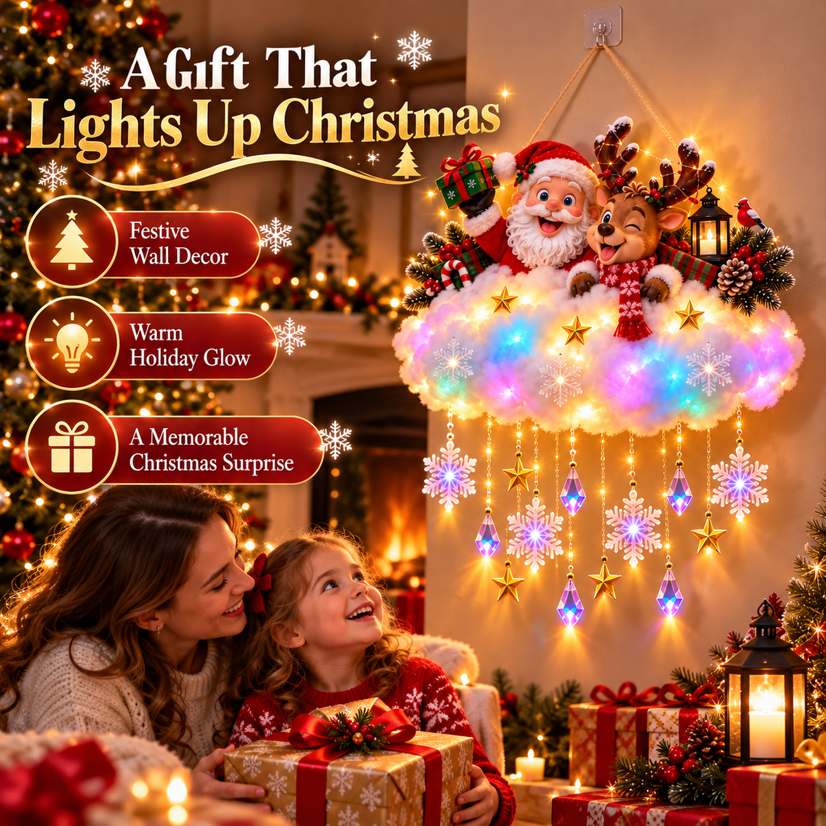 50% OFF🎄 Light-Up Christmas Cloud Hanging Decor – Santa & Winter Village Holiday Display
