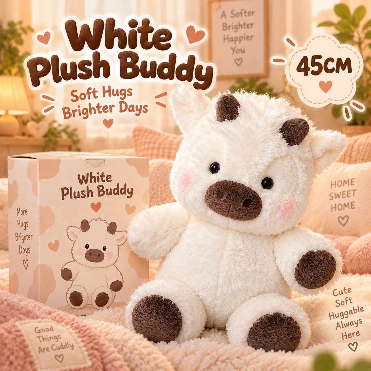 🐮 45CM Fluffy Cow Plush – Super Soft, Huggable & Perfect for Gifting 🎁