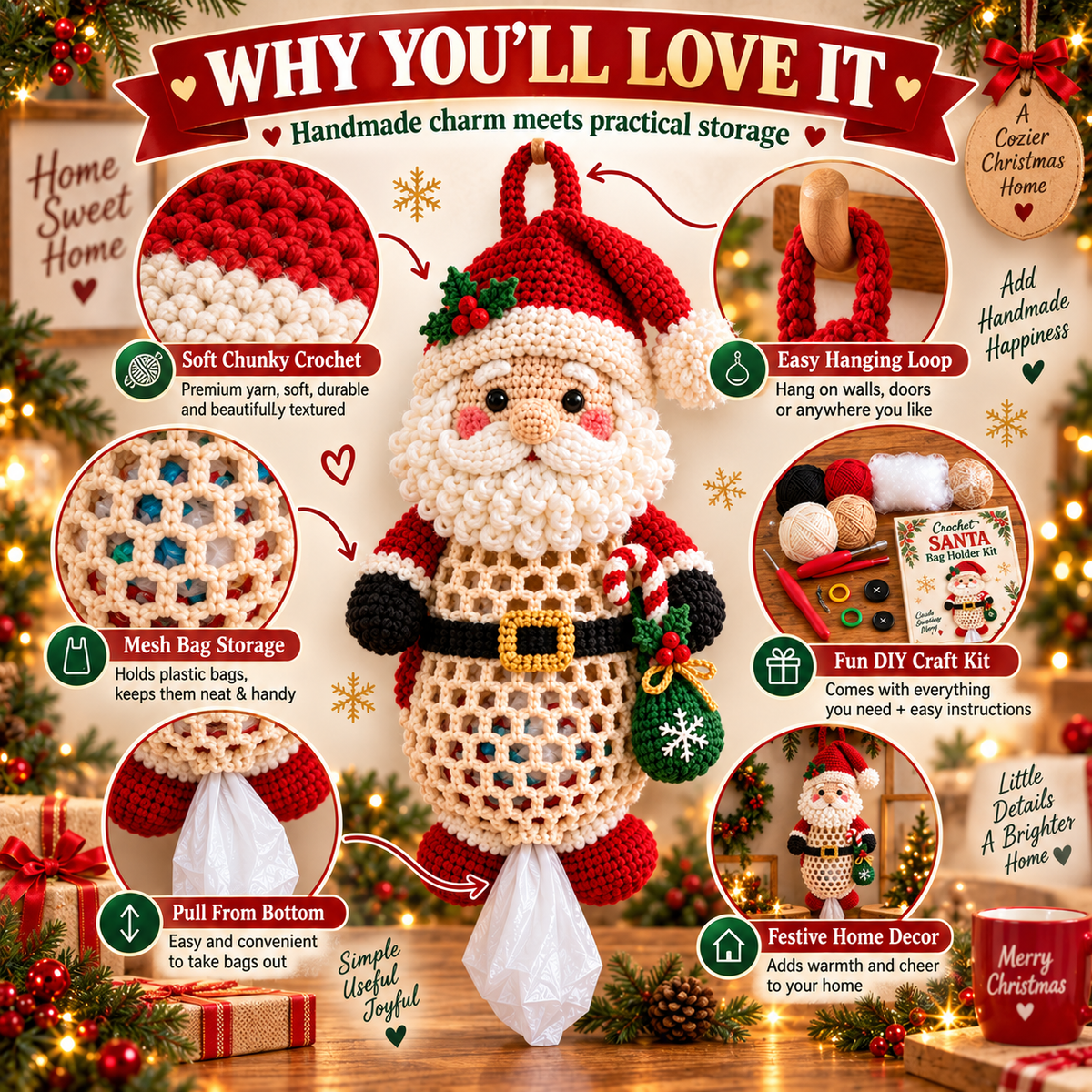 🎅Christmas Crochet Bag Holder DIY Kit – Cute & Functional Handmade Holiday Storage Decor 🎄