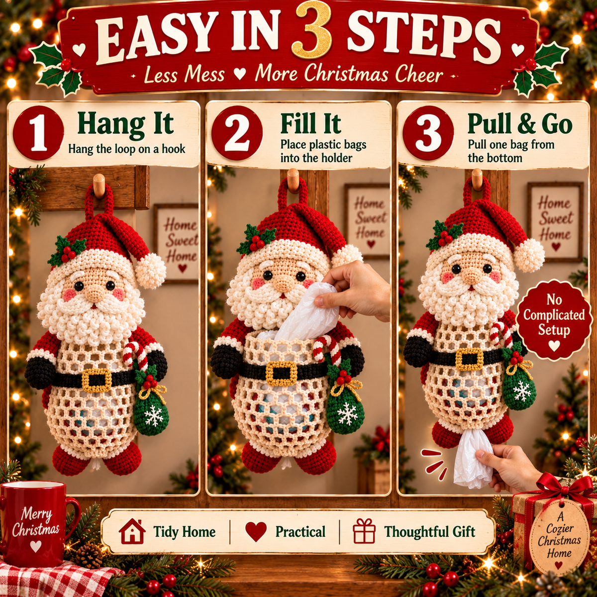 🎅Christmas Crochet Bag Holder DIY Kit – Cute & Functional Handmade Holiday Storage Decor 🎄