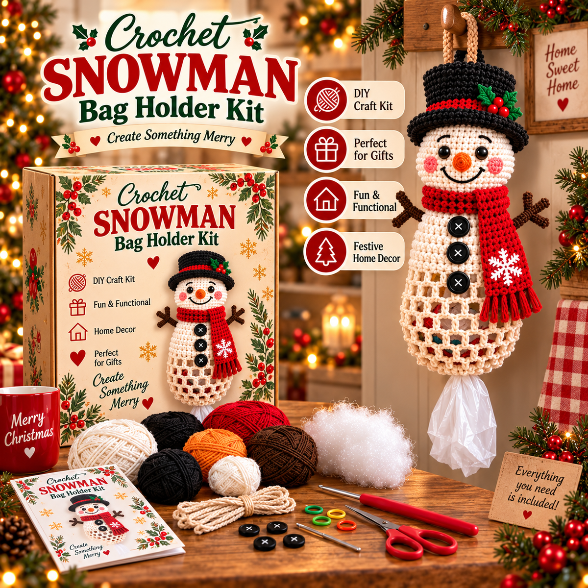 🎅Christmas Crochet Bag Holder DIY Kit – Cute & Functional Handmade Holiday Storage Decor 🎄