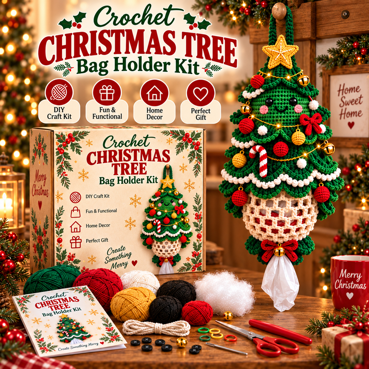 🎅Christmas Crochet Bag Holder DIY Kit – Cute & Functional Handmade Holiday Storage Decor 🎄