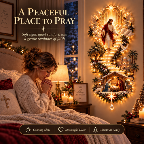 ✝️Jesus Light of Heaven Christmas Wall Hanging | Illuminated Nativity Stairway Decor ✨