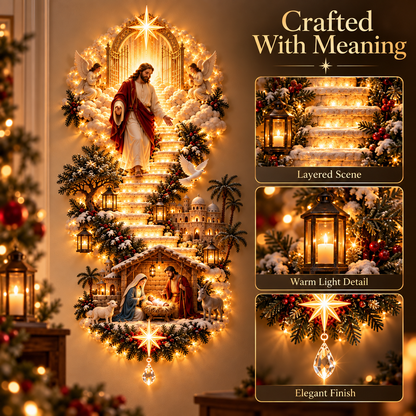 ✝️Jesus Light of Heaven Christmas Wall Hanging | Illuminated Nativity Stairway Decor ✨