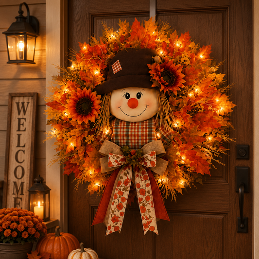 🔥🍁Fall Favorite - Lighted Scarecrow Front Door Wreath 🍂