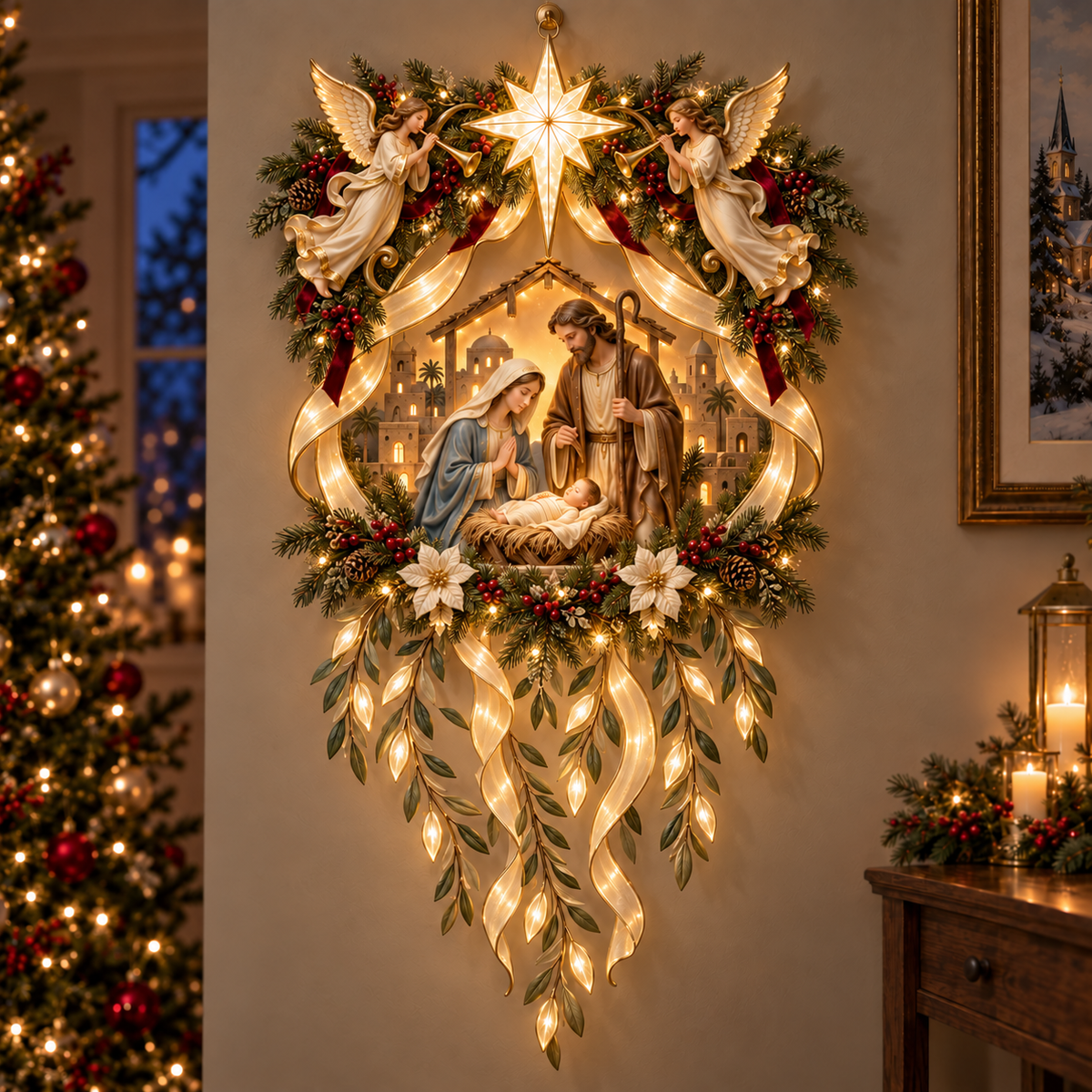 ✨ Holy Night Glow – Lighted Nativity Wall Décor with Angels & Cascading Ribbons 🎄