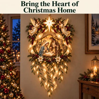 ✨ Holy Night Glow – Lighted Nativity Wall Décor with Angels & Cascading Ribbons 🎄