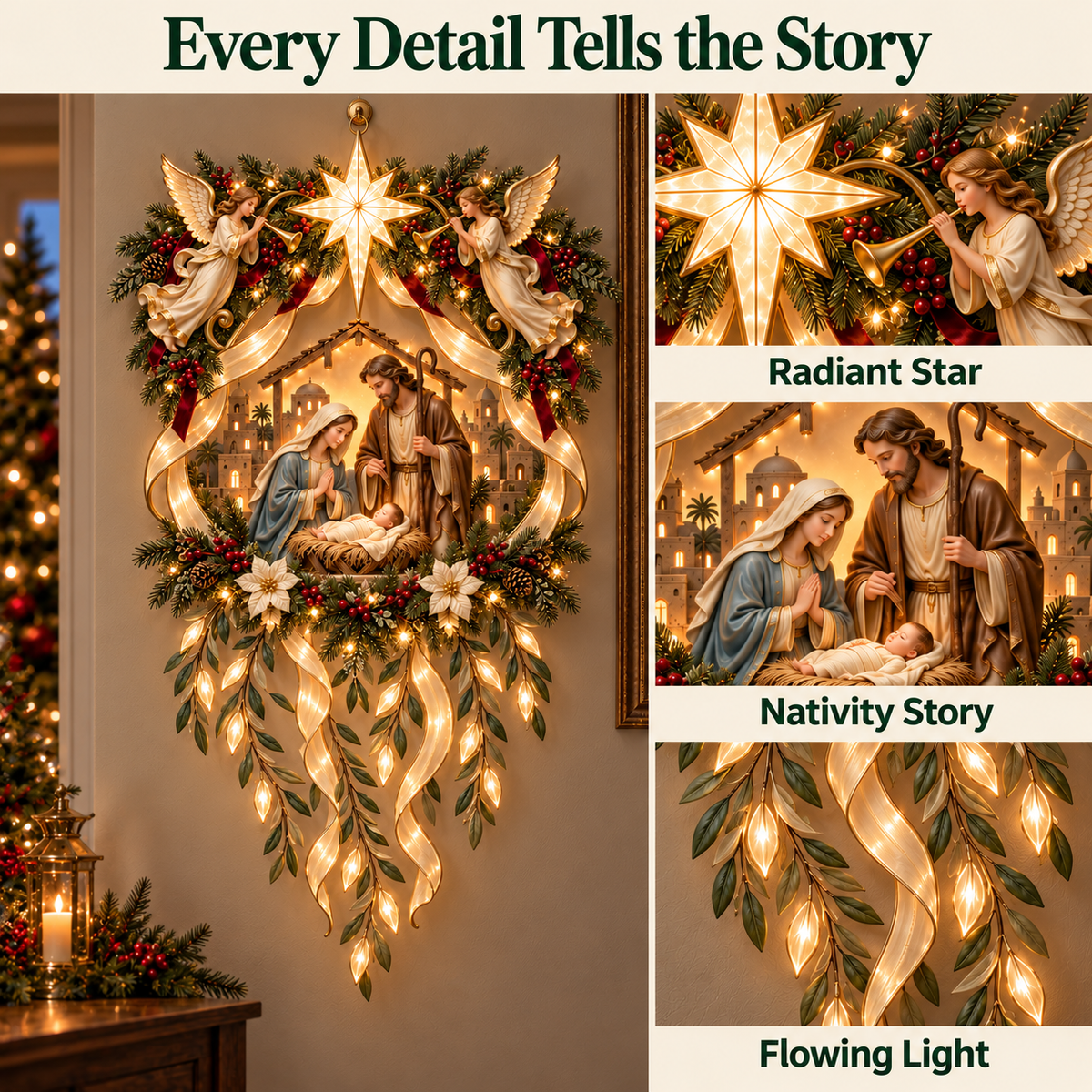 ✨ Holy Night Glow – Lighted Nativity Wall Décor with Angels & Cascading Ribbons 🎄