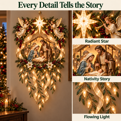 ✨ Holy Night Glow – Lighted Nativity Wall Décor with Angels & Cascading Ribbons 🎄