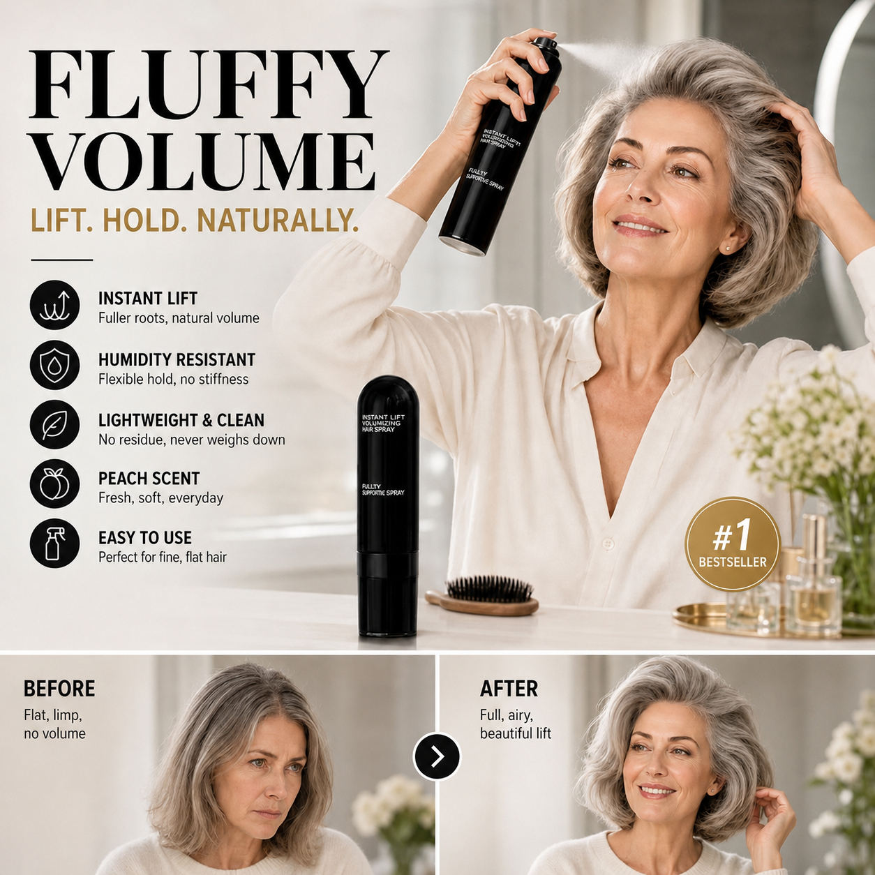 💁Last Day 60% OFF🎁-✨Fluffy Hair Shaping Spray, Long Lasting Peach Scent Volumizing Hair Mist for All-Day Hold