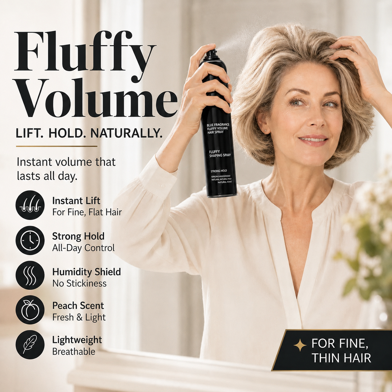 💁Last Day 60% OFF🎁-✨Fluffy Hair Shaping Spray, Long Lasting Peach Scent Volumizing Hair Mist for All-Day Hold