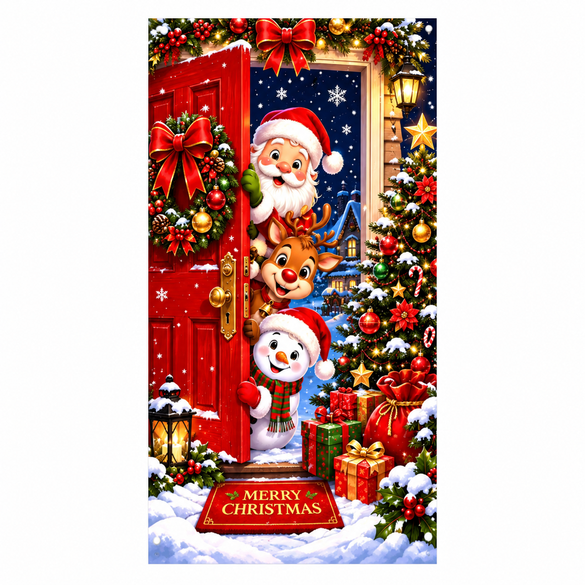 ✨🦌Christmas Door Cover - Stretch Fit Santa & Reindeer Door Decoration with 4-Side Elastic Edges🎅