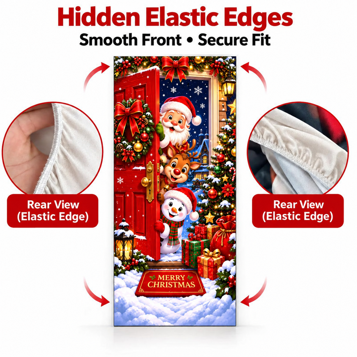 ✨🦌Christmas Door Cover - Stretch Fit Santa & Reindeer Door Decoration with 4-Side Elastic Edges🎅