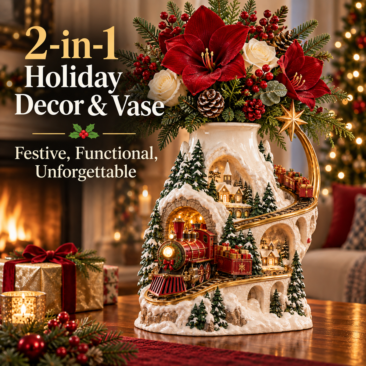 🎄 Christmas Village Train Vase ✨ Lighted Holiday Centerpiece & Floral Decor