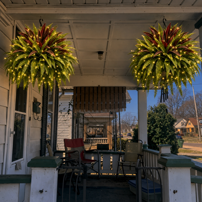 💥Summer Special🔥 ✨ Lighted Artificial Fern & Red Dracaena Hanging Basket – Lush, UV-Resistant Outdoor Décor with Warm LED Lights