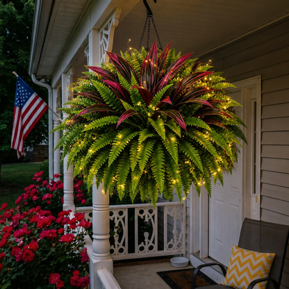 💥Summer Special🔥 ✨ Lighted Artificial Fern & Red Dracaena Hanging Basket – Lush, UV-Resistant Outdoor Décor with Warm LED Lights