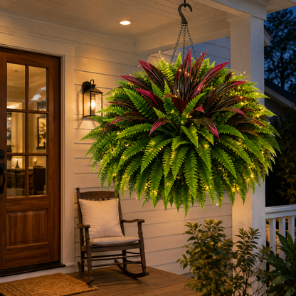 💥Summer Special🔥 ✨ Lighted Artificial Fern & Red Dracaena Hanging Basket – Lush, UV-Resistant Outdoor Décor with Warm LED Lights