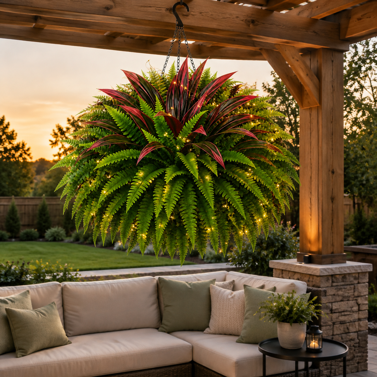 💥Summer Special🔥 ✨ Lighted Artificial Fern & Red Dracaena Hanging Basket – Lush, UV-Resistant Outdoor Décor with Warm LED Lights