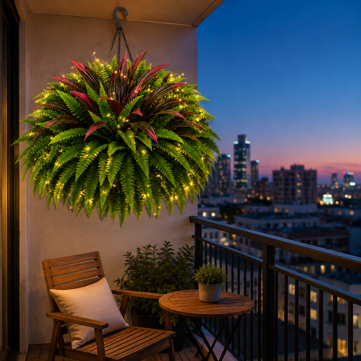 💥Summer Special🔥 ✨ Lighted Artificial Fern & Red Dracaena Hanging Basket – Lush, UV-Resistant Outdoor Décor with Warm LED Lights