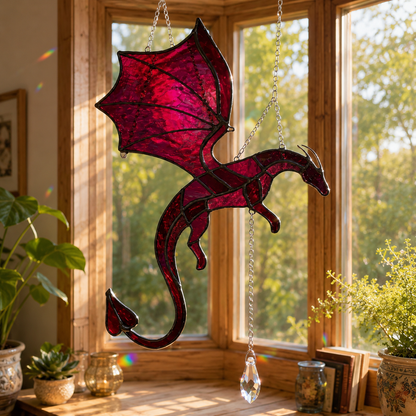 🐉 Flying Dragon Stained Glass Style Acrylic Suncatcher | Hanging Window Decor