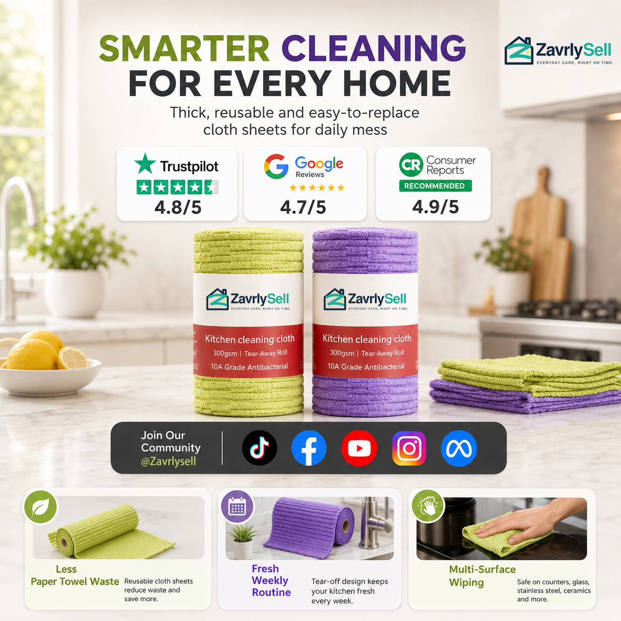Multipurpose Reusable Tear-Off Cleaning Cloth Roll