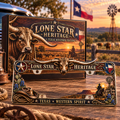 🐂 Texas Longhorn Western Metal License Plate Frame – Vintage Cowboy & Lone Star Ranch Gift 🤠
