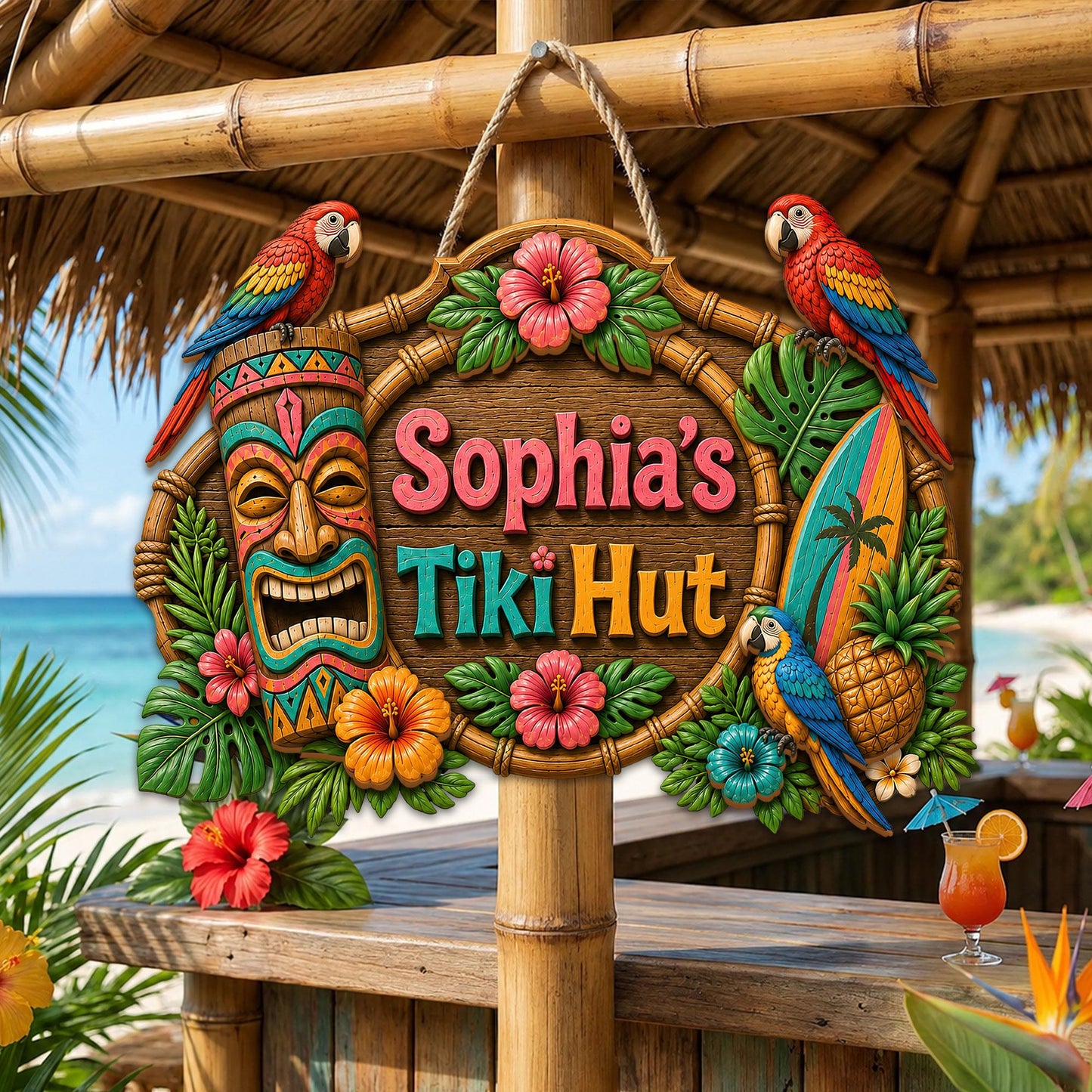 Custom Tiki Bar Door Sign, Beach House Welcome Sign