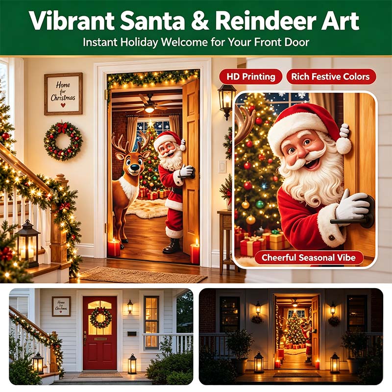 ✨🦌Christmas Door Cover - Stretch Fit Santa & Reindeer Door Decoration with 4-Side Elastic Edges🎅