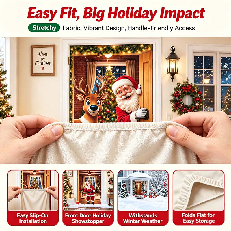 ✨🦌Christmas Door Cover - Stretch Fit Santa & Reindeer Door Decoration with 4-Side Elastic Edges🎅