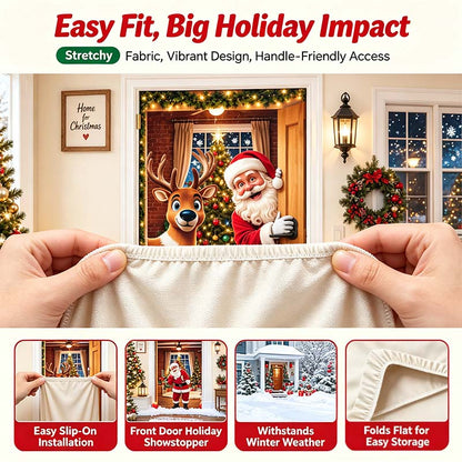 ✨🦌Christmas Door Cover - Stretch Fit Santa & Reindeer Door Decoration with 4-Side Elastic Edges🎅