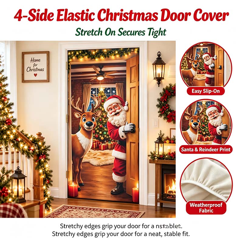 ✨🦌Christmas Door Cover - Stretch Fit Santa & Reindeer Door Decoration with 4-Side Elastic Edges🎅