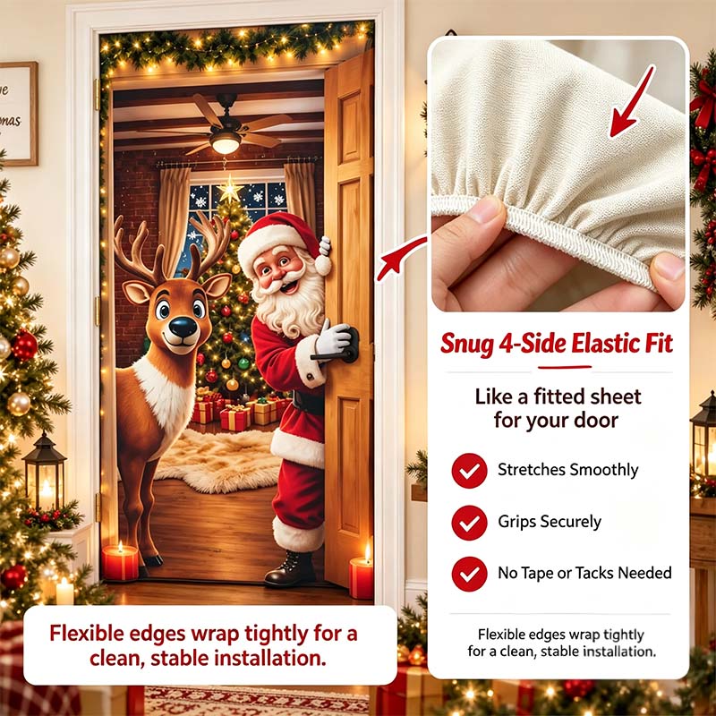 ✨🦌Christmas Door Cover - Stretch Fit Santa & Reindeer Door Decoration with 4-Side Elastic Edges🎅