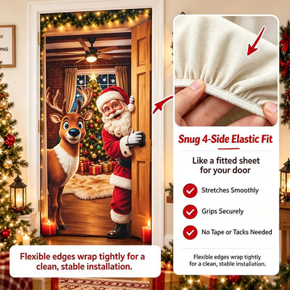 ✨🦌Christmas Door Cover - Stretch Fit Santa & Reindeer Door Decoration with 4-Side Elastic Edges🎅