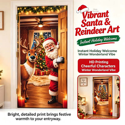 ✨🦌Christmas Door Cover - Stretch Fit Santa & Reindeer Door Decoration with 4-Side Elastic Edges🎅