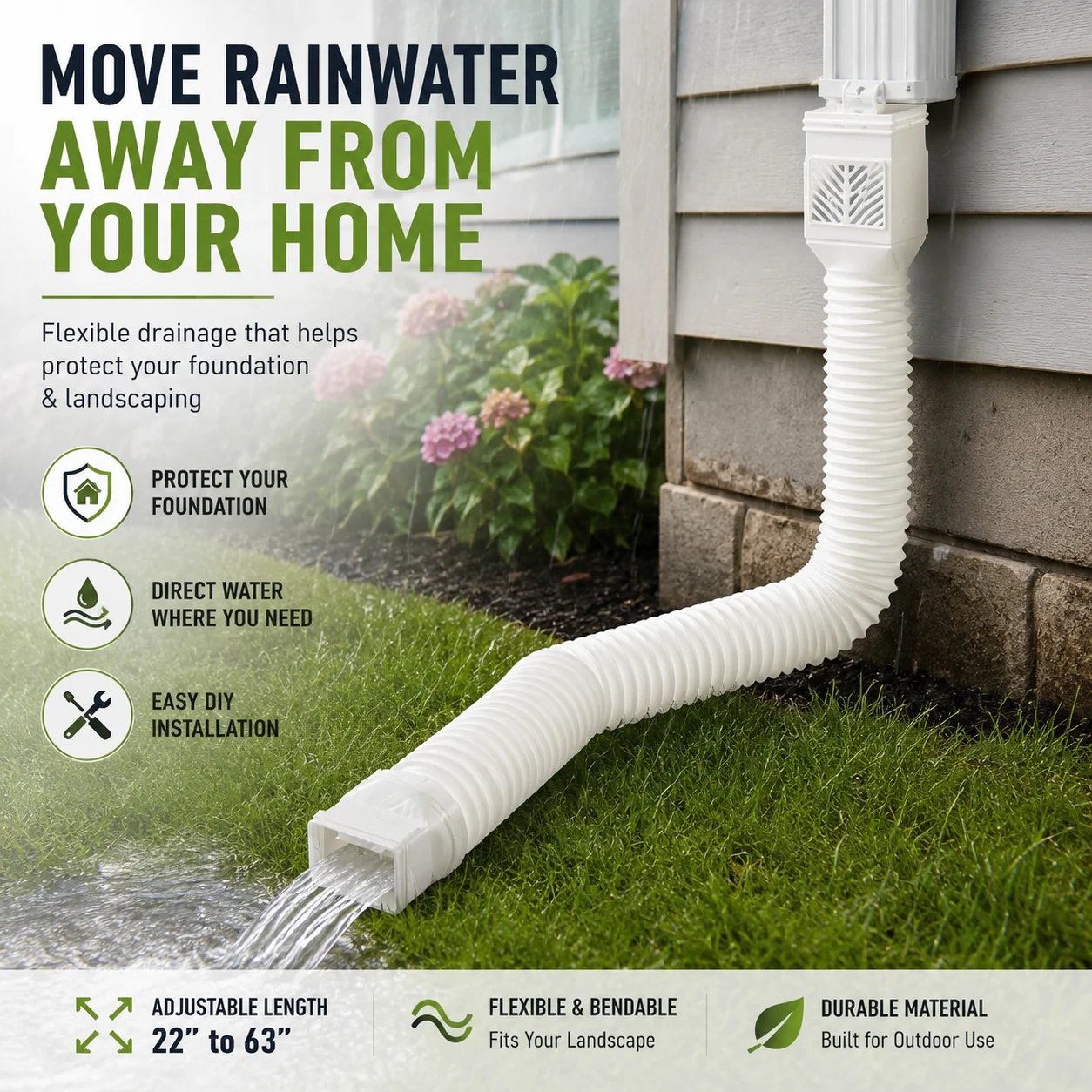 🎉🏡 Flexible Rain Gutter Downspout Extension Kit  – Adjustable 22"-63" Drain Pipe with Leaf Filter for Foundation Protection