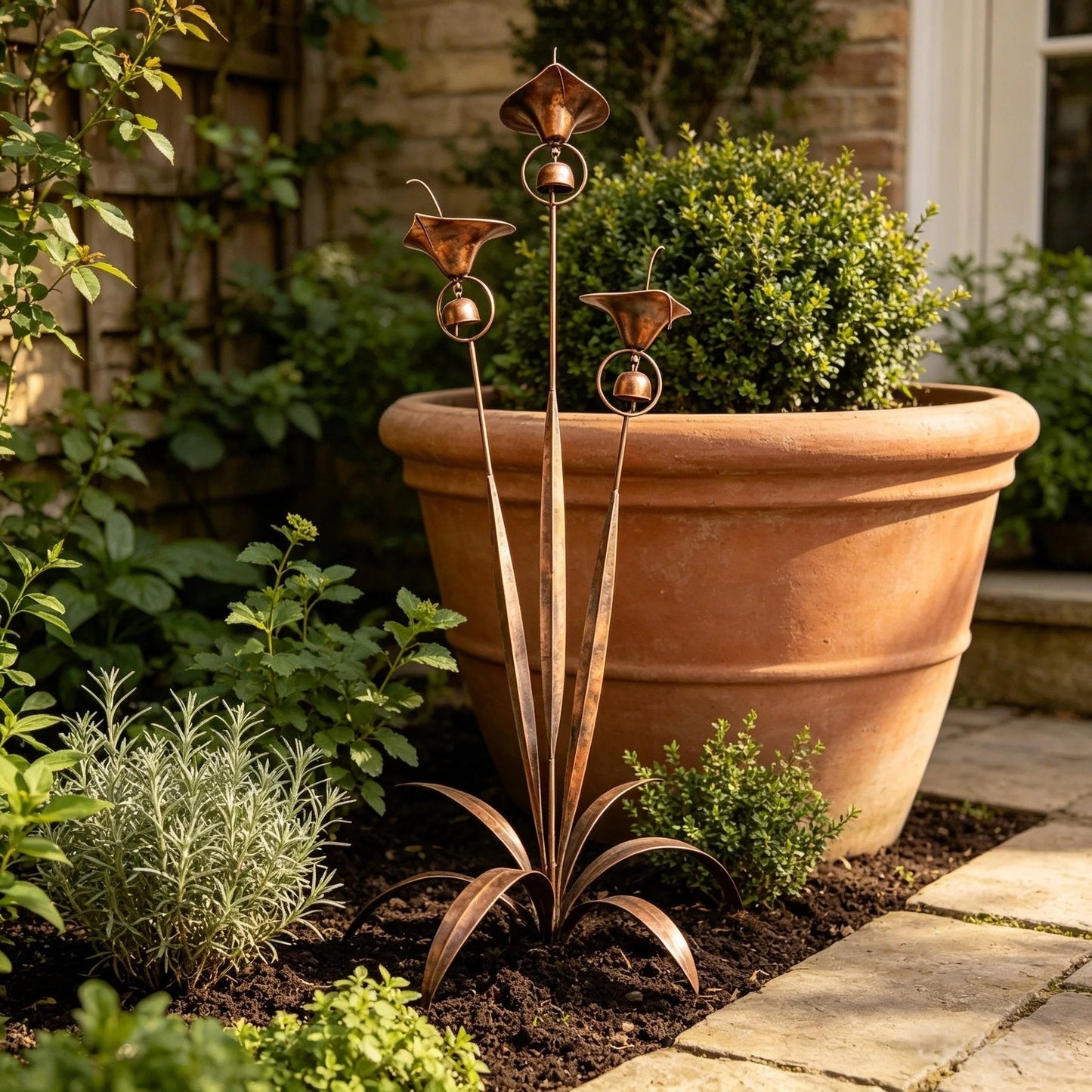 🌿Flamed Copper Three Calla Lilies Garden Stake with Bells