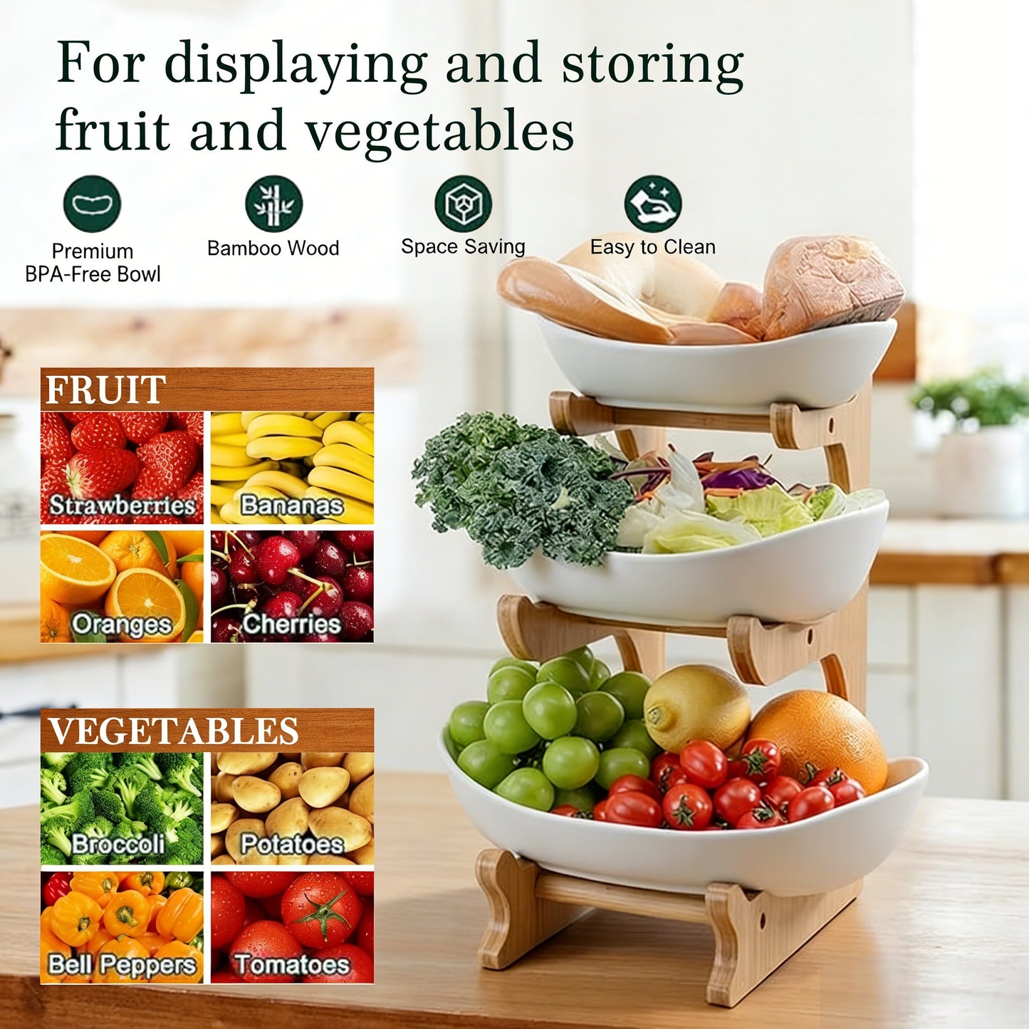 🍓2-Tier / 3-Tier Fruit Basket, Countertop Fruit Bowl(Includes Stand
