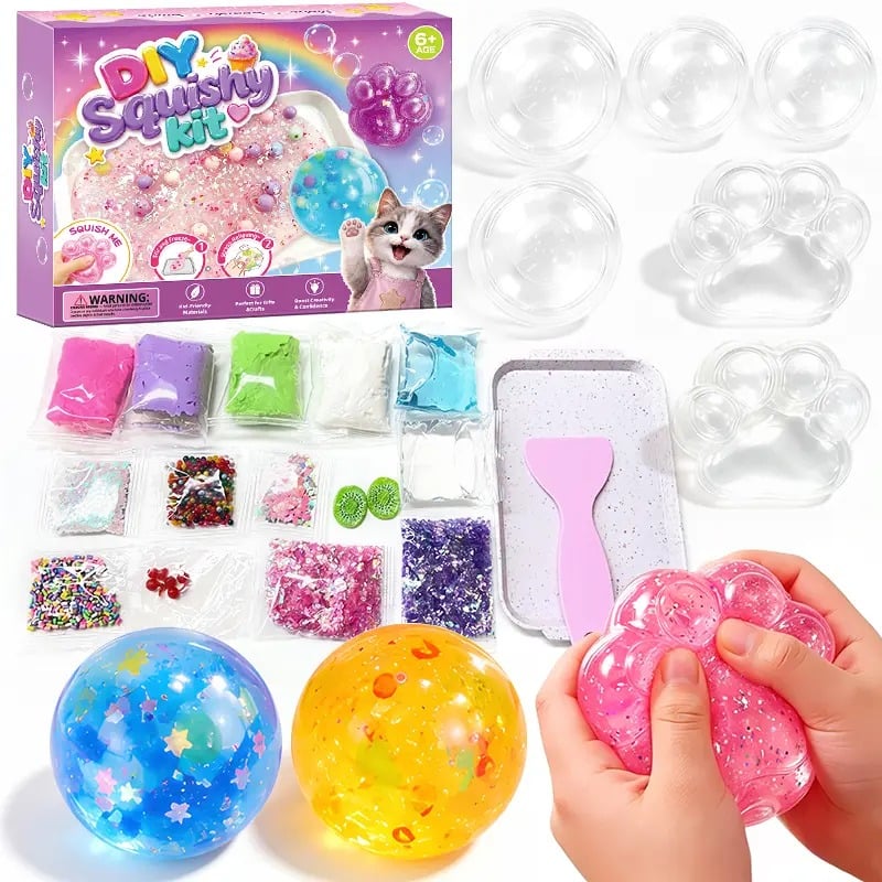 Kawaii DIY Cat Paw Squishy Kit, Make Your Own Mochi Squishy Stress Relief Fidget Toy, ASMR Sensory Craft Kit for Kids, Birthday Holiday Gift