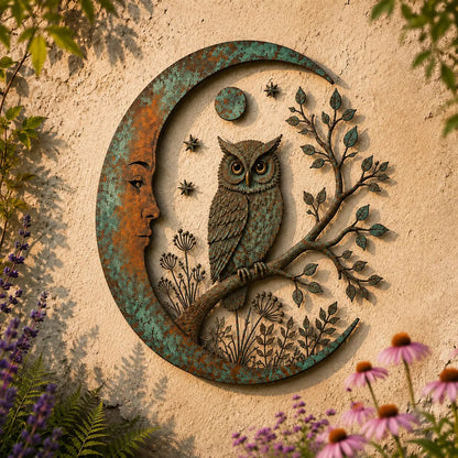 ⏰ LAST DAY  - Handcrafted Metal Crescent Moon Owl Wall Art 🌙🦉 A Timeless Garden Accent Inspired by Nature