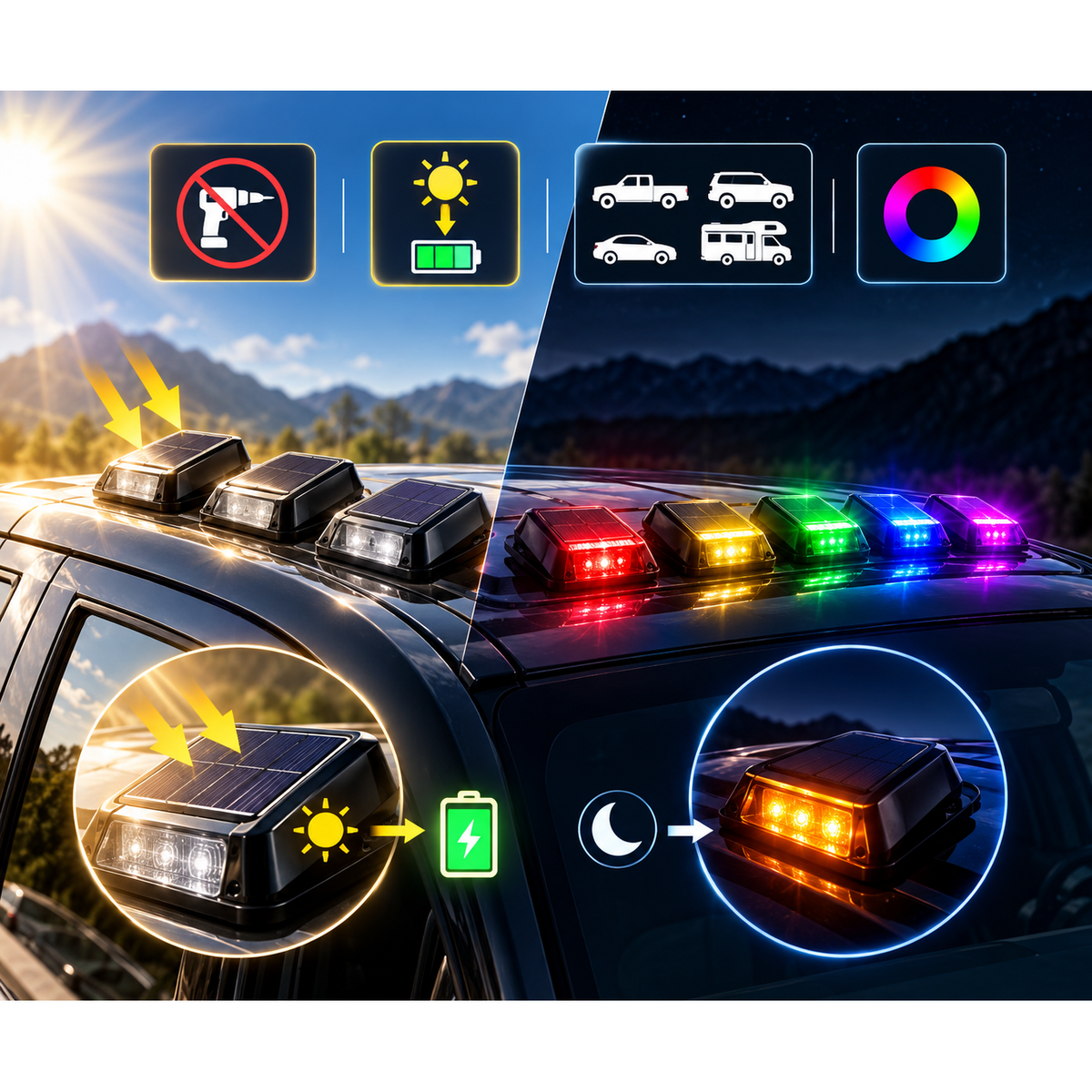 🚙🔆⚡ Solar RGB Car Roof Strobe Lights – 5-Pack Wireless No-Drill Cab Light Set