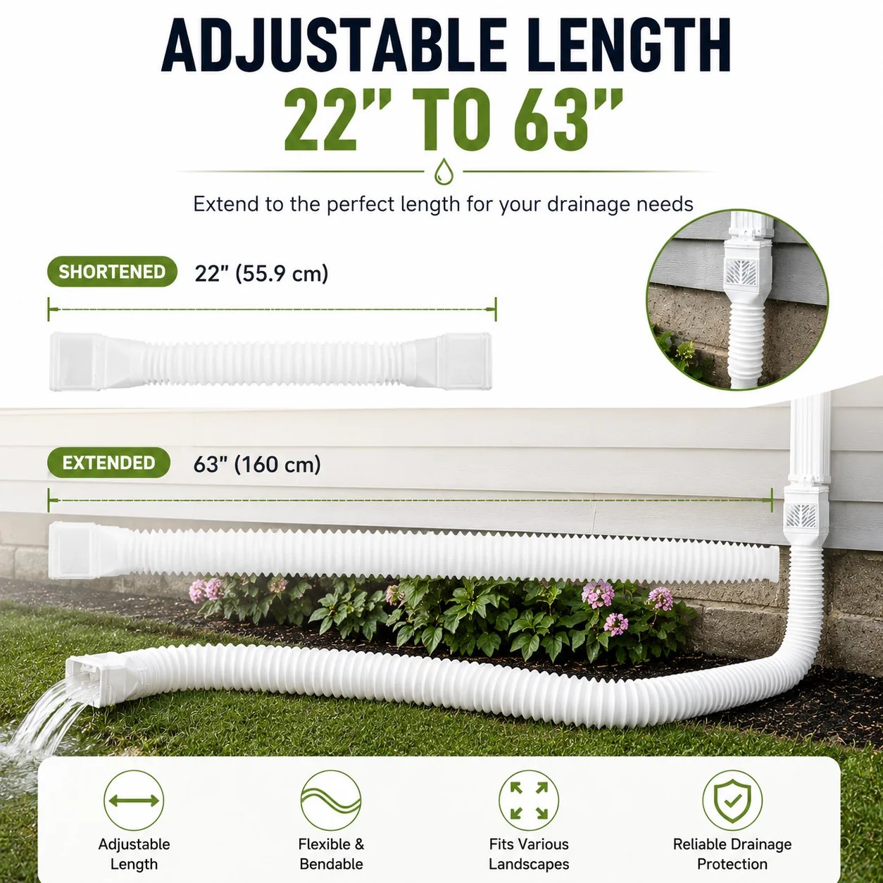 🎉🏡 Flexible Rain Gutter Downspout Extension Kit  – Adjustable 22"-63" Drain Pipe with Leaf Filter for Foundation Protection