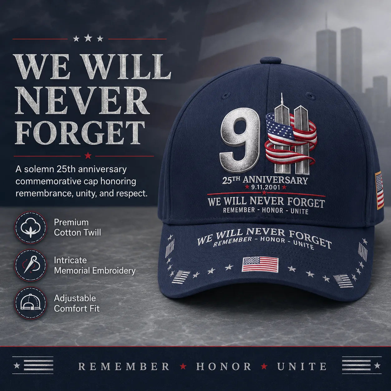 ⚡️9/11 25th Anniversary We Will Never Forget Embroidered Memorial Baseball Cap – Unisex Patriotic Memorial Hat🧢 100% Cotton