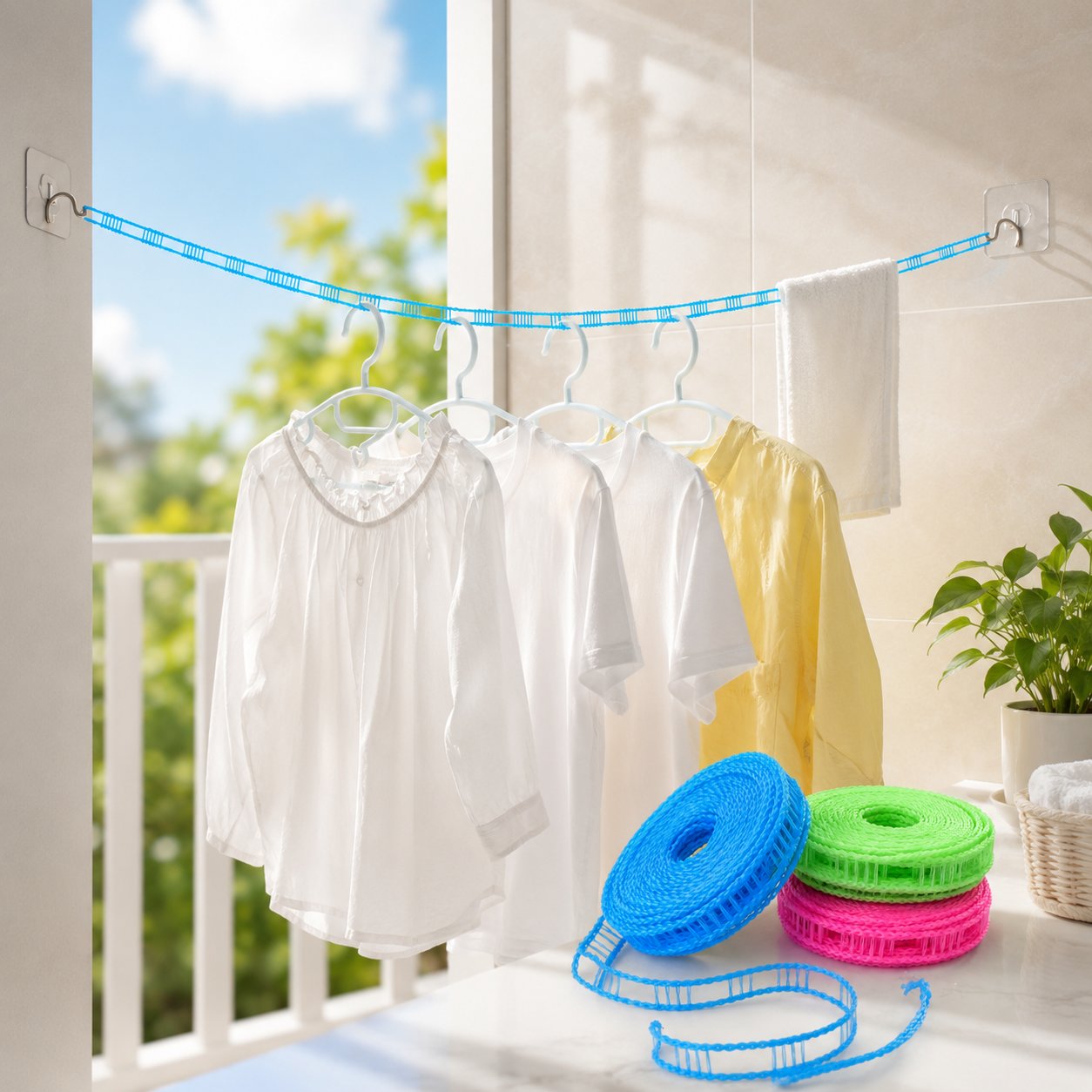 Adjustable Windproof Clothesline with Hooks - Portable Heavy Duty Travel Laundry Line for Outdoor, Backyard, Camping & Indoor Drying